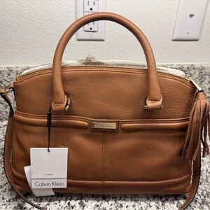Calvin Klein Tan Leather Dome Satchel with Tassel